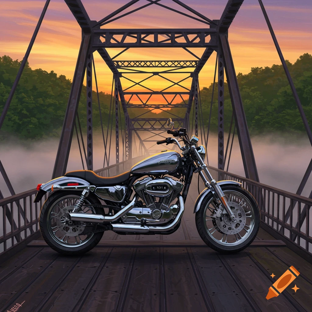 A shining chrome motorcycle with a black seat parked on a wooden bridge, overlooking a misty valley at sunset.