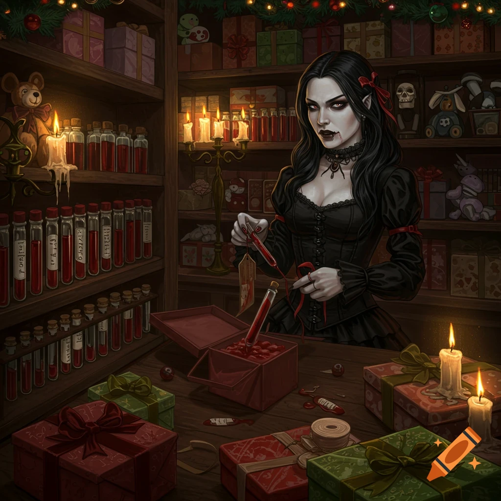 A pale, dark-haired vampire woman in gothic attire meticulously packing gifts, with shelves of blood vials and other peculiar presents surrounding her in a festive, candle-lit room.