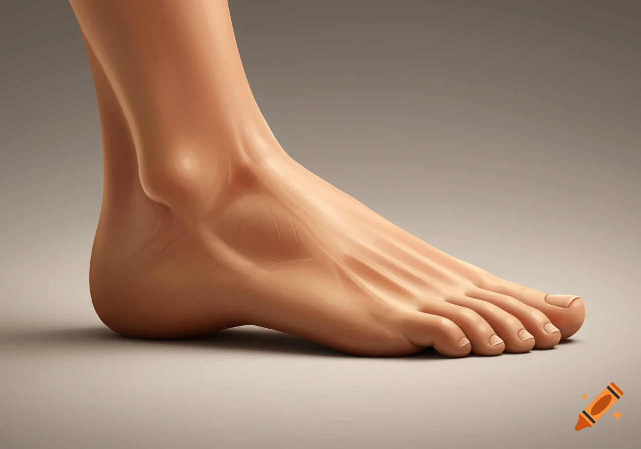 A detailed illustration of a human foot, showing the ankle, arch, and toes from a side view.