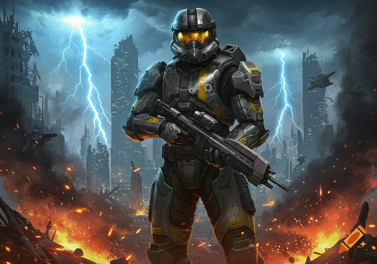 A futuristic soldier in grey and yellow armor holds a rifle in a war-torn city under a lightning storm with spaceships.