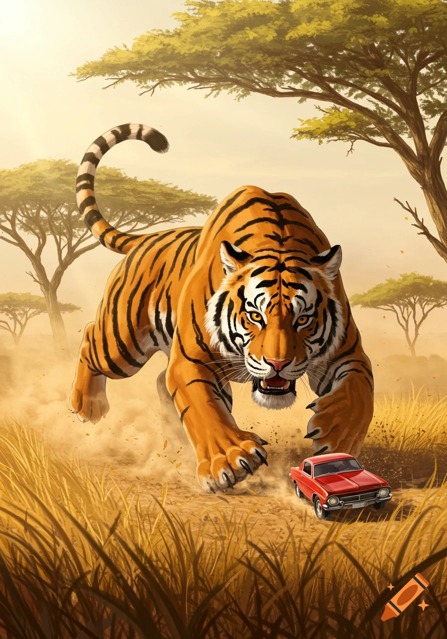 An illustrated giant tiger chases a small red car through a dusty savannah.