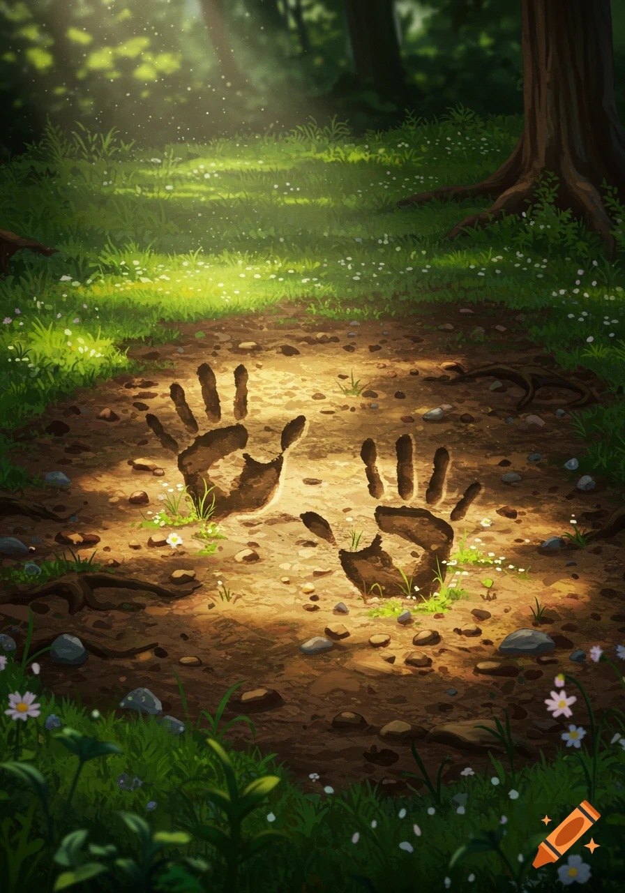 Two muddy handprints pressed into a sunlit forest path with green grass and trees, in a stylized illustration.