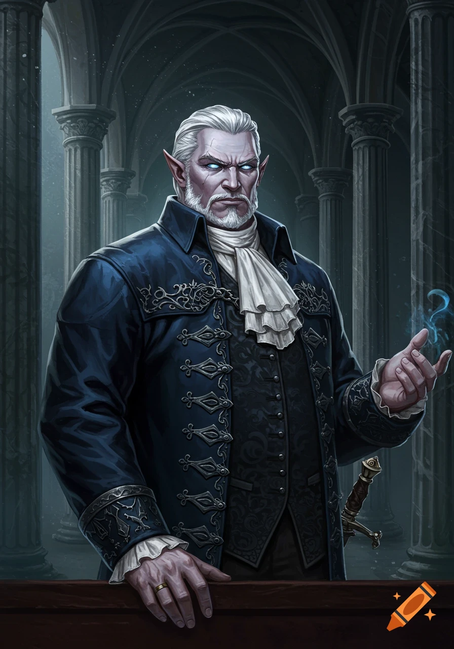 A stern, white-haired dhampir in ornate blue courtly attire, with glowing blue eyes, stands in a gothic hall, holding a hand emitting blue magic.