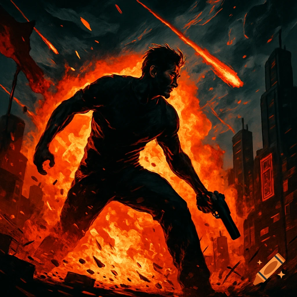 A silhouetted man with a gun walks through a fiery, destroyed city with meteors falling, in an action movie poster style.