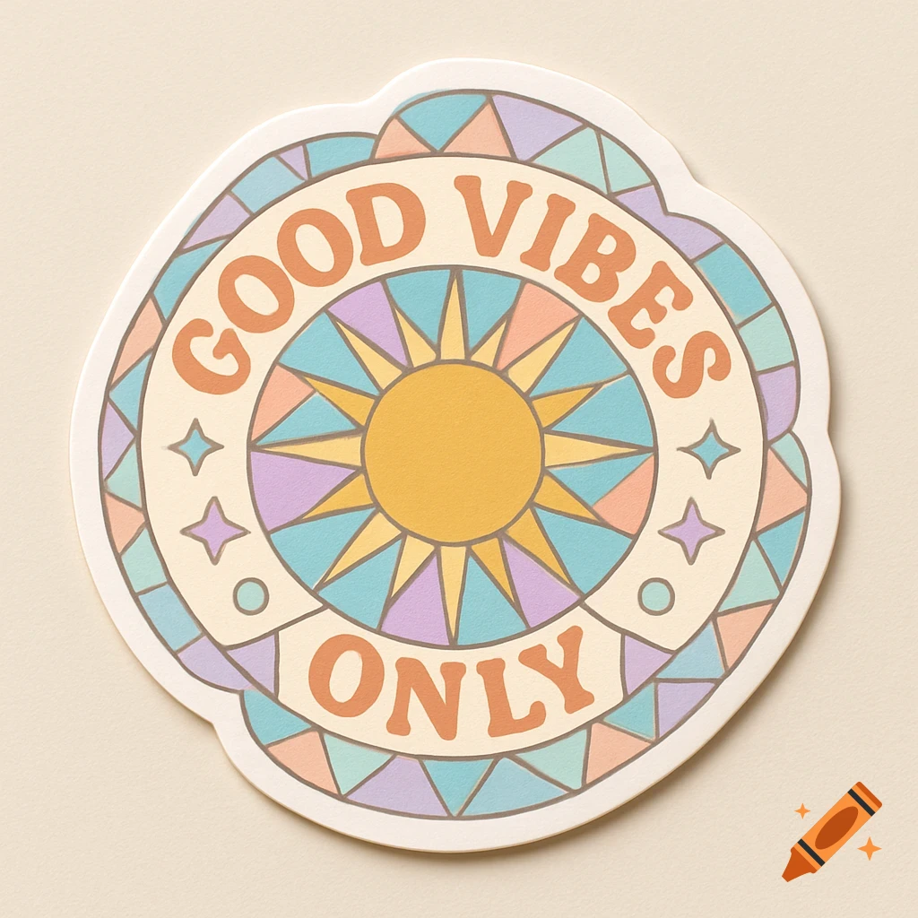 Circular sticker with "GOOD VIBES ONLY" text, a sunburst, and pastel geometric patterns.