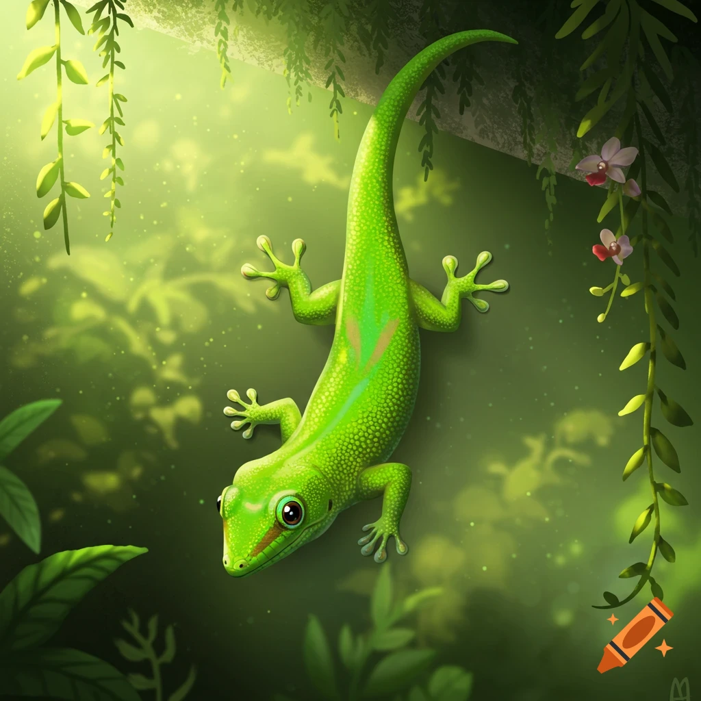 A bright green gecko with orange stripes hangs upside down on a tree branch in a lush, sun-dappled jungle, illustration.