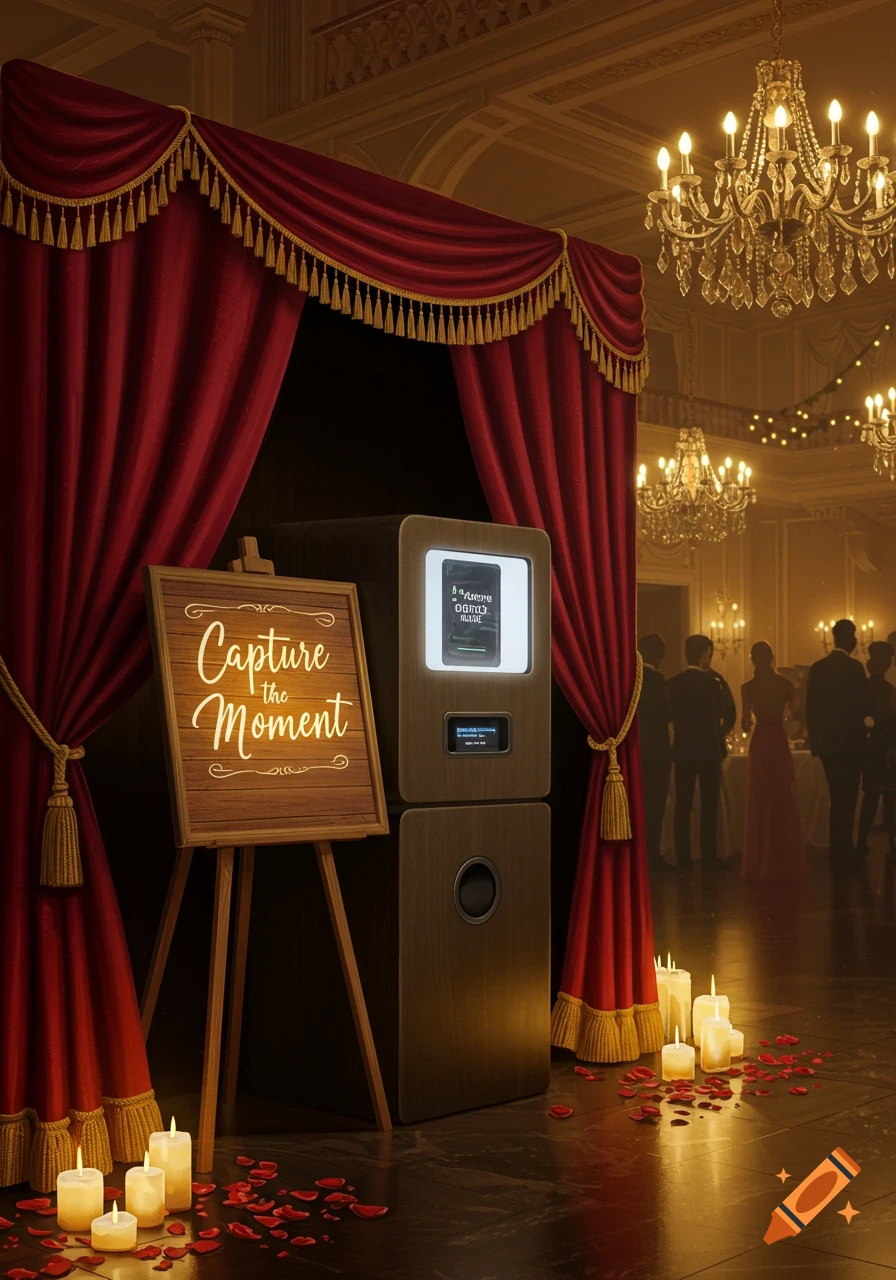 A photorealistic image of a vintage-style photobooth with red curtains and a wooden 'Capture the Moment' sign at an elegant evening event with chandeliers and guests.