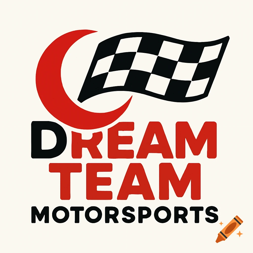 A black and red logo with a crescent moon and checkered flag above "DREAM TEAM MOTORSPORTS".