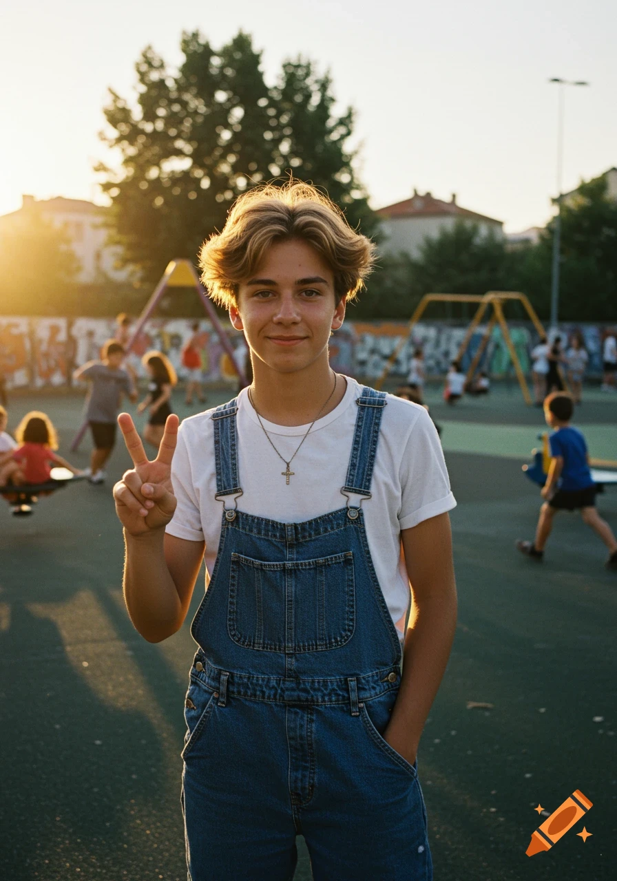 A smiling teenage boy with tousled hair in denim overalls makes a peace sign in a sunny, blurred playground.