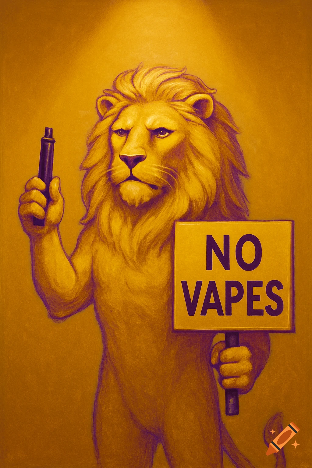 A golden anthropomorphic lion with purple outlines holds a vape pen in one paw and a sign saying 'NO VAPES' in the other.