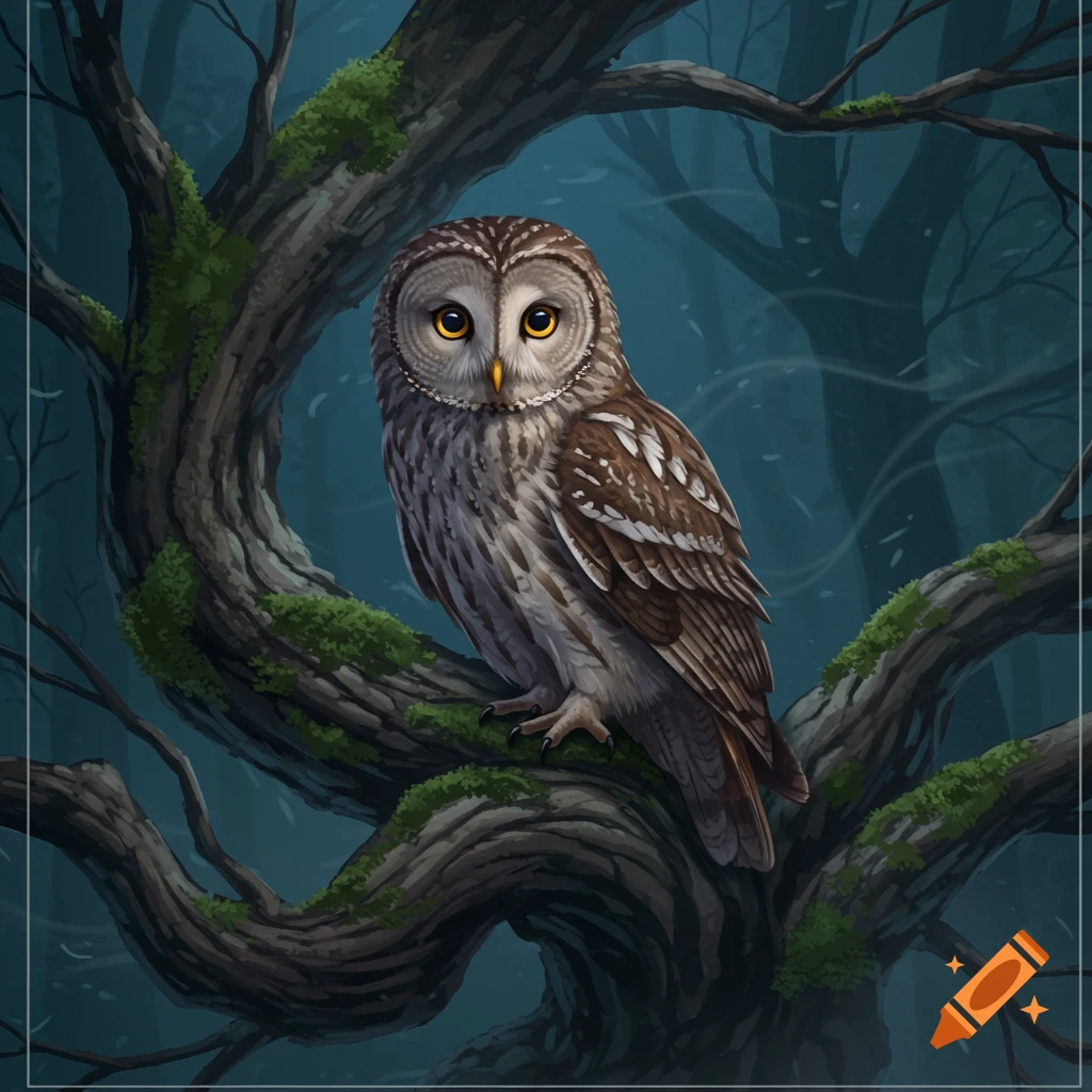 A detailed illustration of a barred owl with yellow eyes perched on a mossy tree branch in a dark forest.