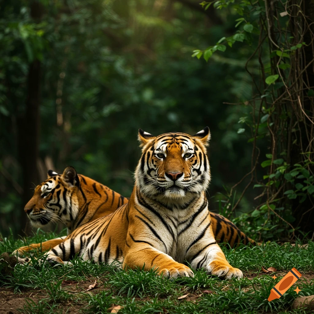 Two photorealistic tigers resting in a lush green jungle, one facing forward and looking directly at the viewer.