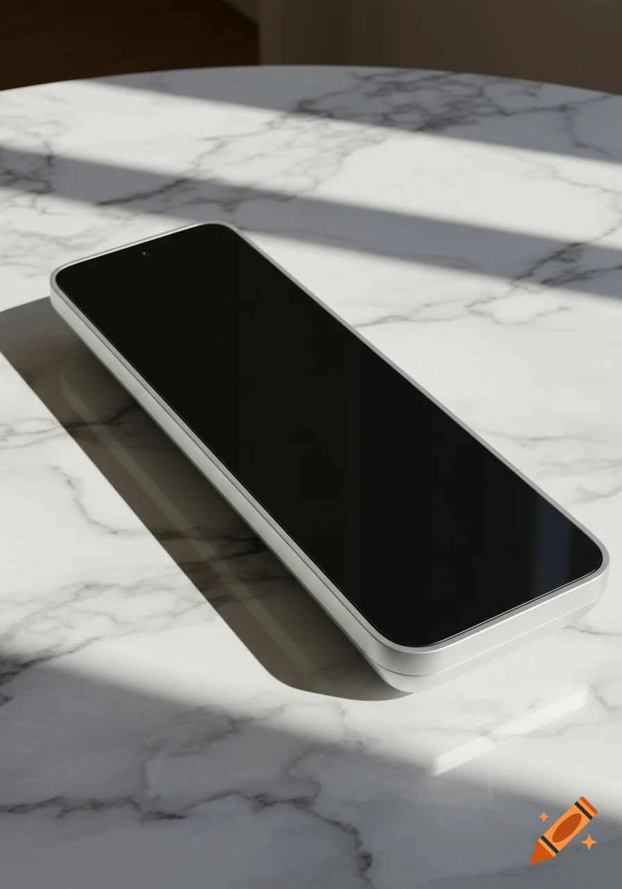 A sleek silver remote control or smartphone with a black screen, lying on a white marble table with sunlight casting shadows.