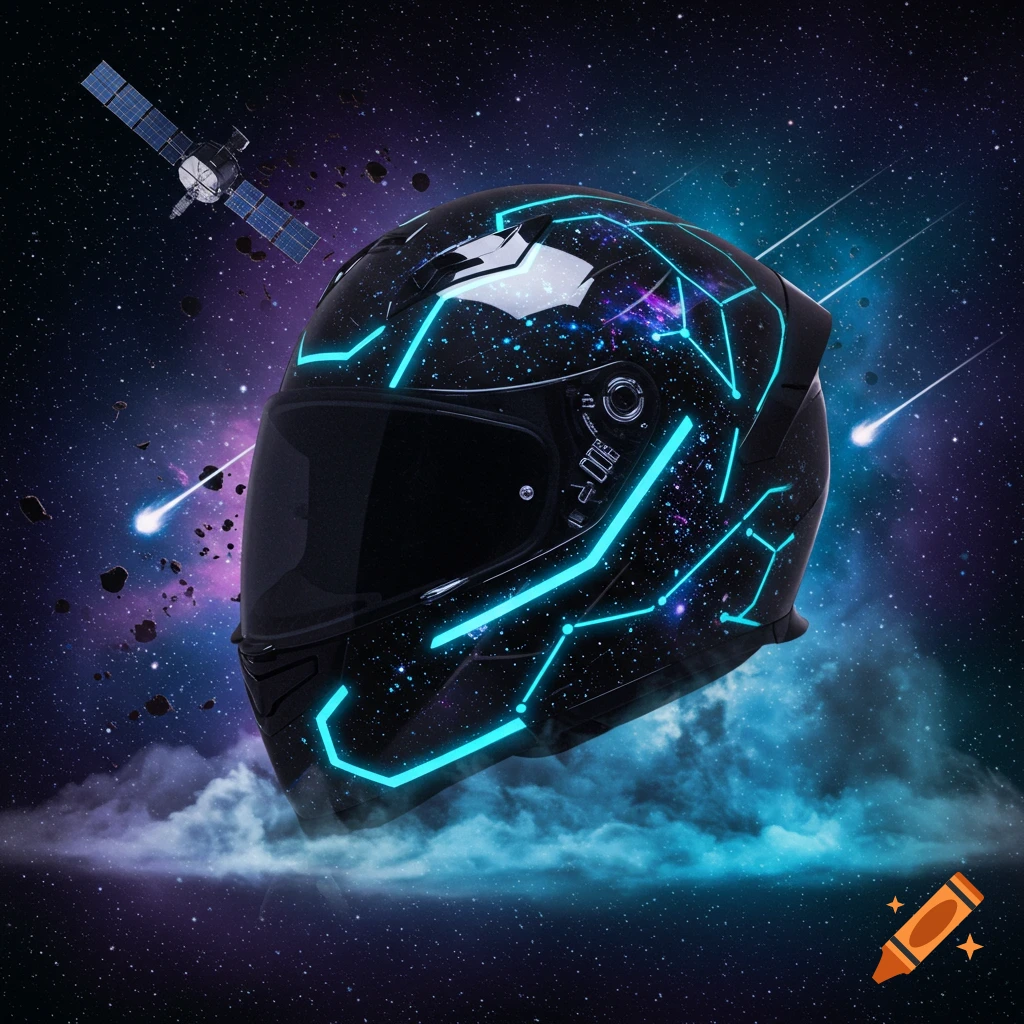 A futuristic black motorcycle helmet with glowing blue neon lines and starry patterns, set in a vibrant cosmic scene with a satellite and meteors.