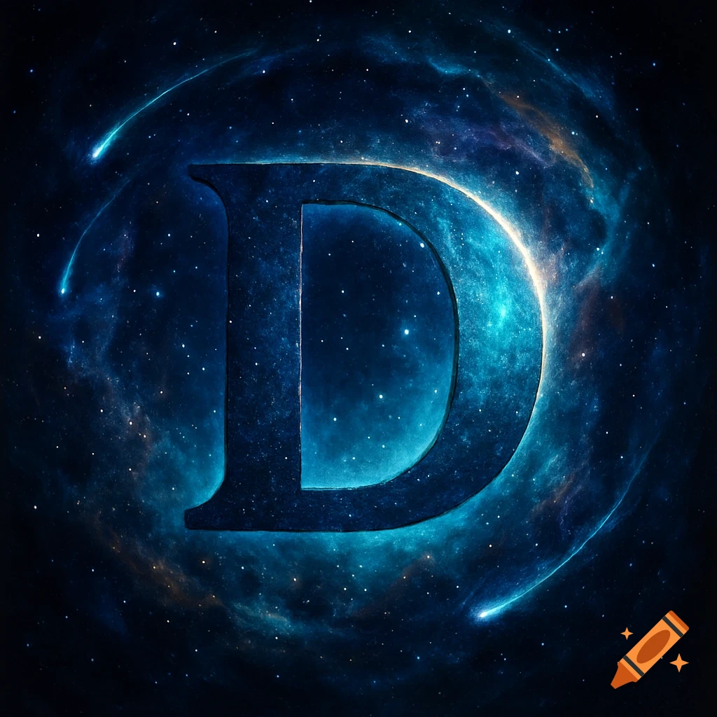 A large, glowing letter D against a dark blue cosmic background with stars, nebulae, and streaking comets.