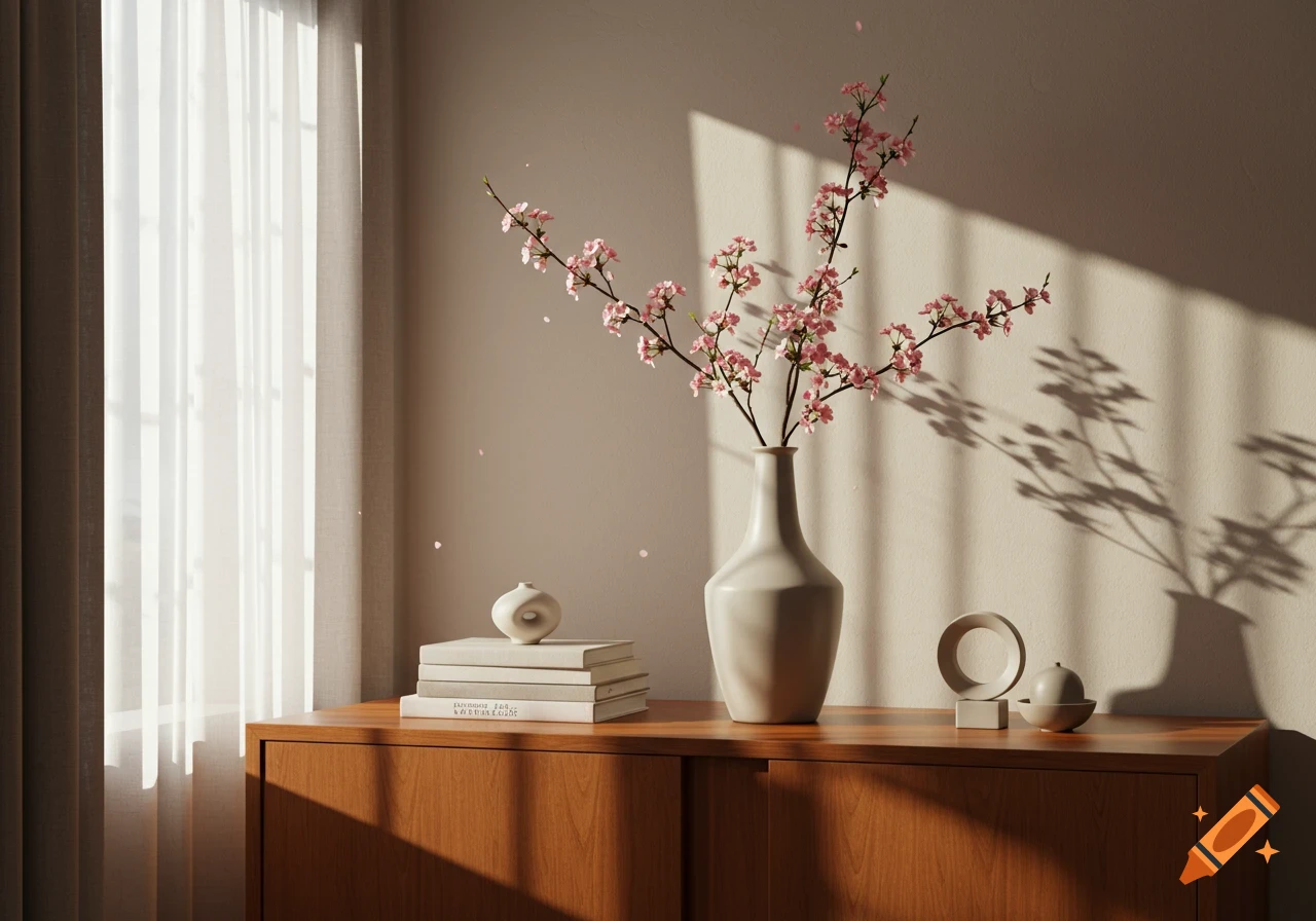 A minimalist still life with pink cherry blossom branches in a vase, books, and ceramic decor on a wooden cabinet, bathed in sunlight from a window.