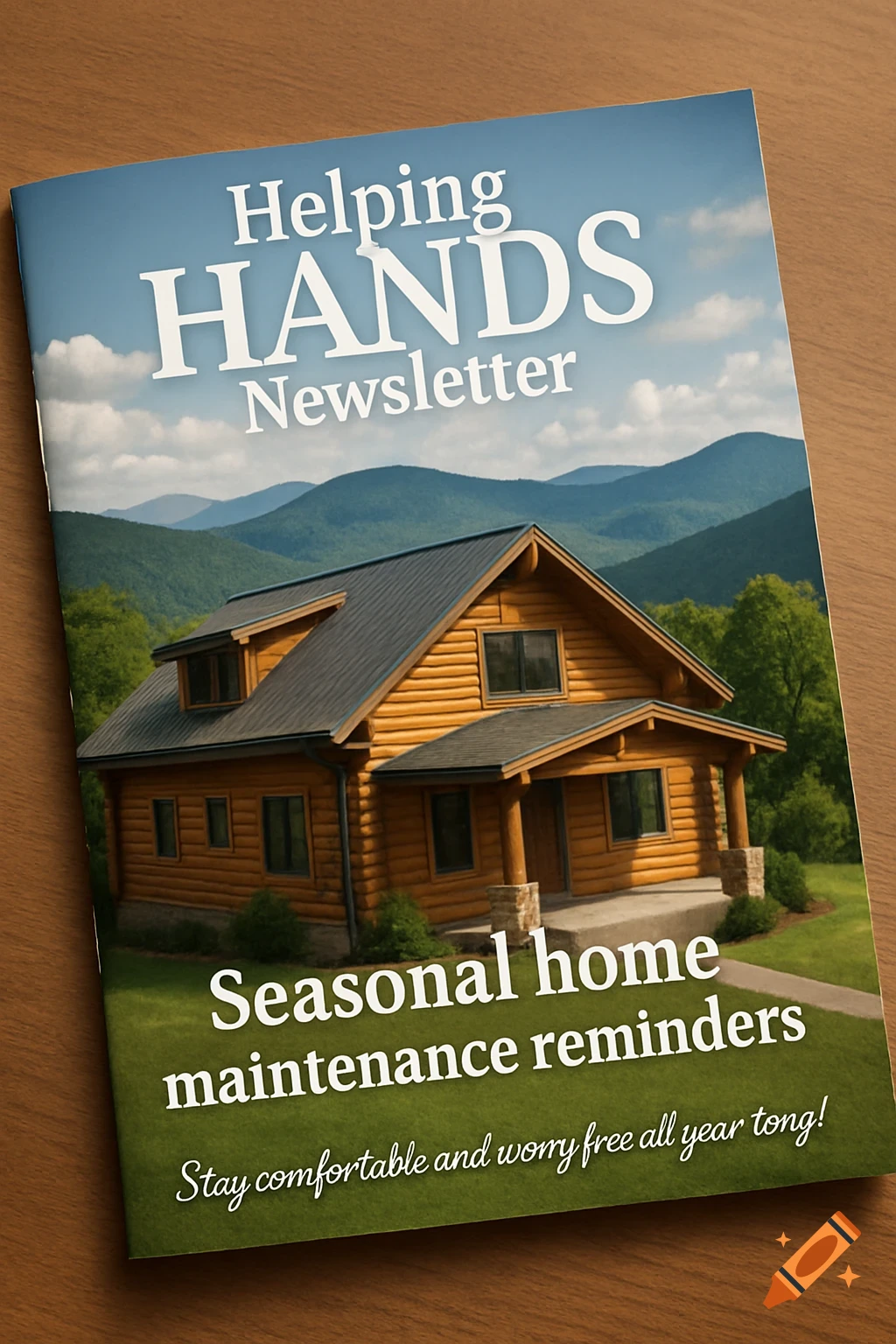 Magazine cover titled 'Helping HANDS Newsletter' featuring a log cabin home in front of mountains with text about home maintenance.
