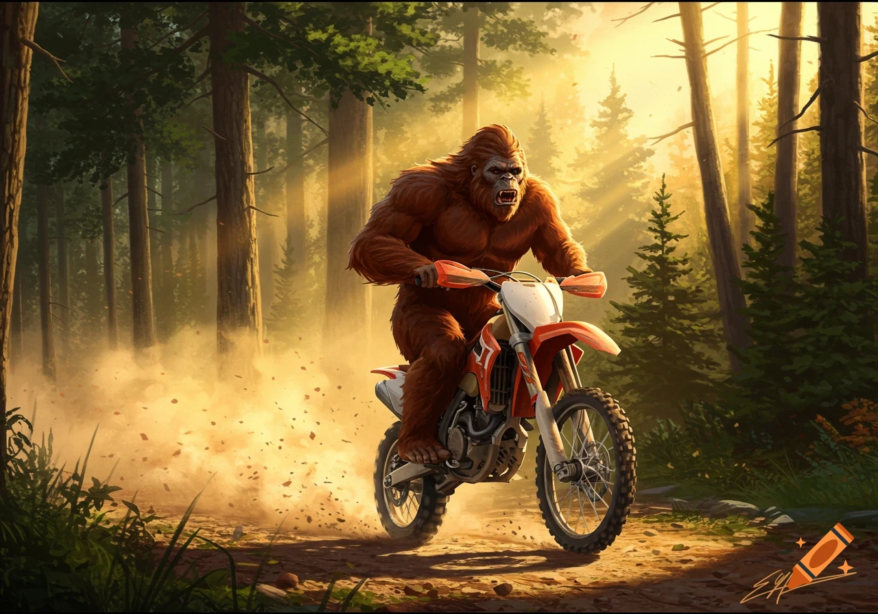 A furry Bigfoot creature rides a red and white dirt bike through a dusty, sunlit forest trail, looking intense.