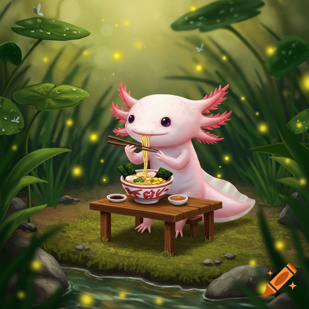 A cute pink axolotl happily eats a bowl of ramen with chopsticks in a glowing fantasy forest by a stream.