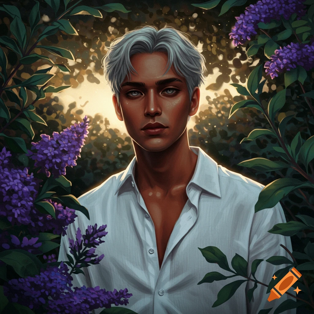 Illustrated portrait of a young man with grey hair and brown skin, wearing a white shirt, surrounded by green leaves and purple flowers.