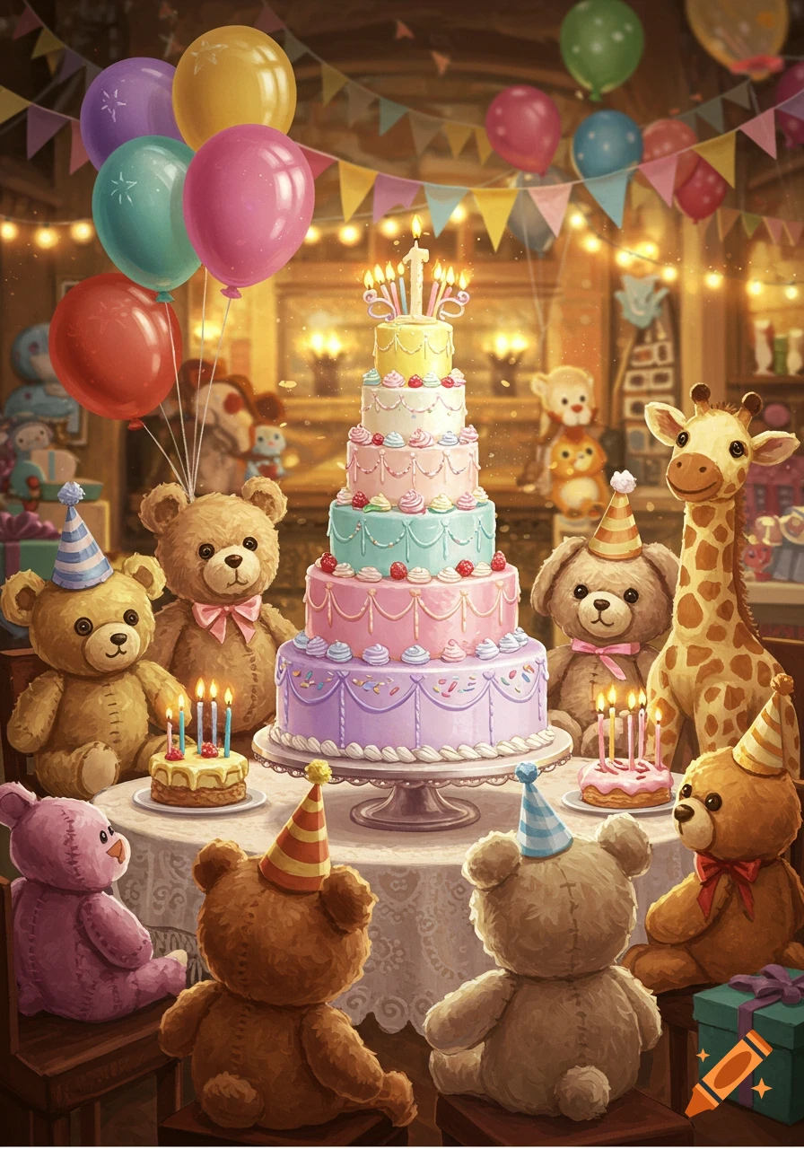 Stuffed animals, including bears and a giraffe, celebrating a birthday around a large, colorful tiered cake with balloons.