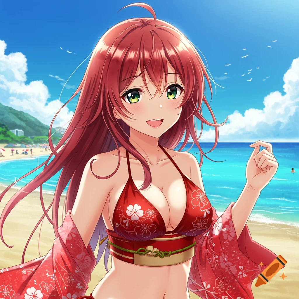 An anime girl with long red hair and green eyes smiles while standing on a sunny beach, wearing a red bikini and an open kimono.