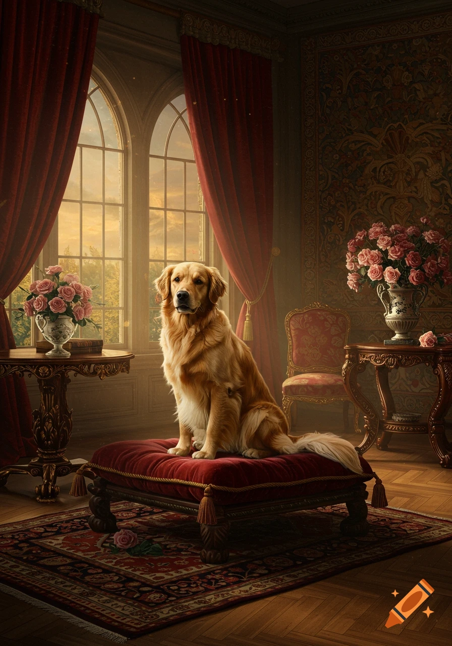 Photorealistic image of a Golden Retriever dog sitting on a red velvet ottoman in an elegant, sunlit room with ornate furniture.