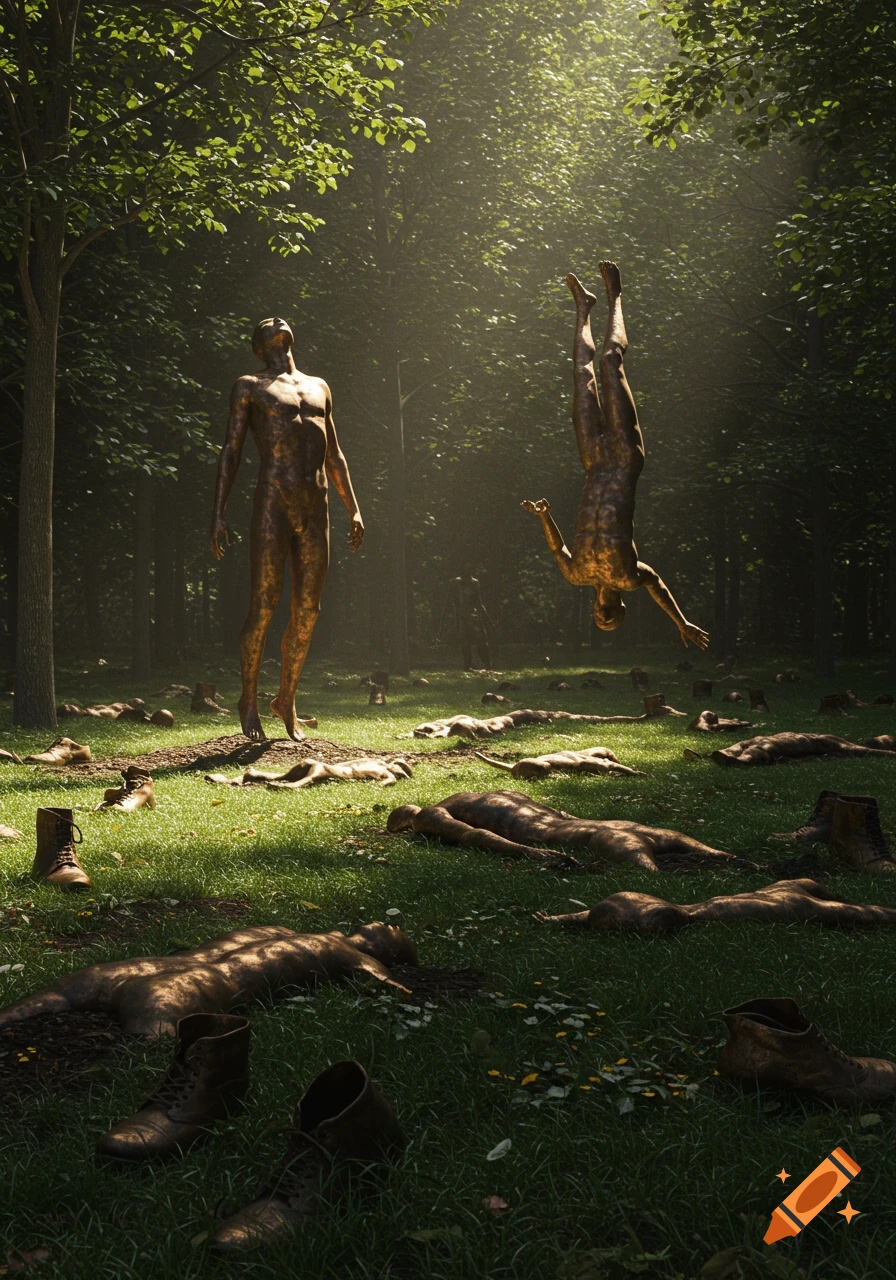 Two bronze-like figures, one standing and one falling upside down, in a sunlit forest clearing filled with numerous prone figures and boots.