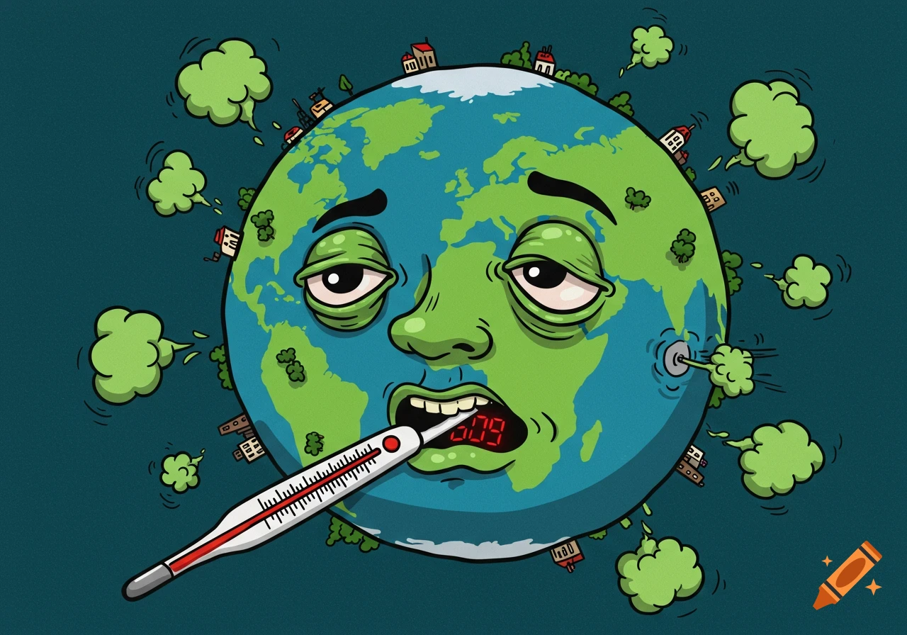 Cartoon Earth with a sick face and thermometer in its mouth, emitting green fumes, surrounded by buildings.