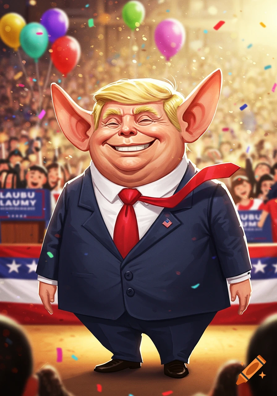 Cartoon caricature of Donald Trump with large ears smiling at a political rally with balloons and confetti.