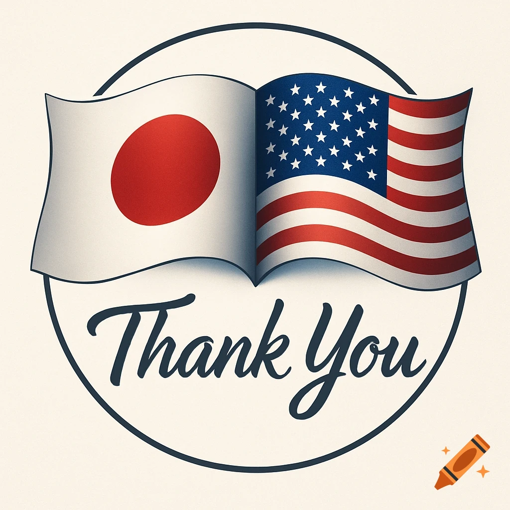 Japanese and American flags side-by-side like a book, with 'Thank You' text below, framed in a circle.