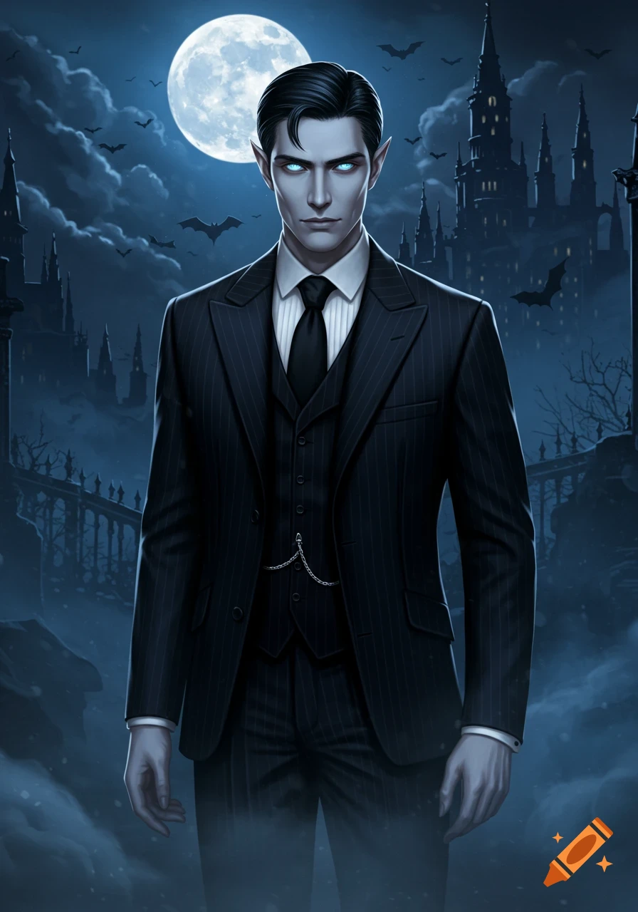 A handsome vampire man with pale skin, glowing blue eyes, and pointed ears, wearing a black pinstripe suit, stands at night with a full moon, bats, and a gothic castle in the background. Digital art.