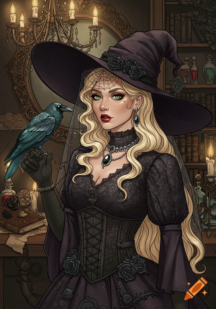 Illustrated Victorian witch with blonde hair, green eyes, and a black dress, holding a teal raven in a gothic room with candles and books.