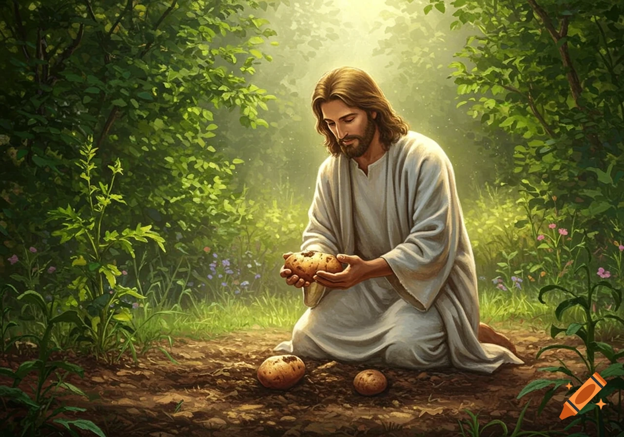 Jesus kneels in a sunlit forest, gently holding a freshly pulled potato, with more potatoes on the soil nearby. Realistic art style.