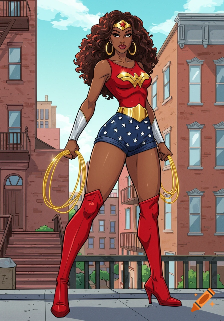 Vibrant cartoon of an African American Wonder Woman with curly hair, red hoop earrings, red top, starry shorts, red boots, and lasso, standing in an urban setting with brownstone buildings.