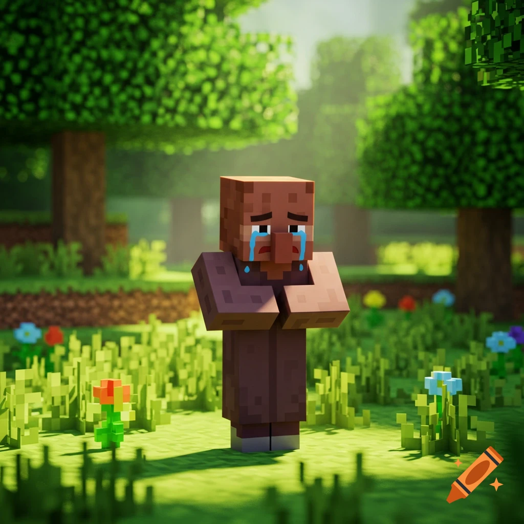 A brown Minecraft villager with a large nose cries tears in a sunlit, blocky green forest.