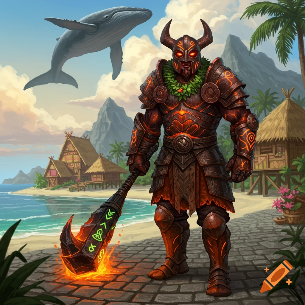 An epic fantasy art piece depicting a horned, armored warrior with glowing red eyes and a fiery club on a tropical beach, with a whale flying in the sky.