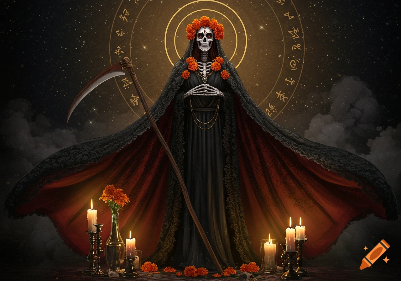 A skeletal figure resembling Santa Muerte in a black and red cloak, adorned with marigolds, holds a scythe, surrounded by candles under a starry sky with symbols.