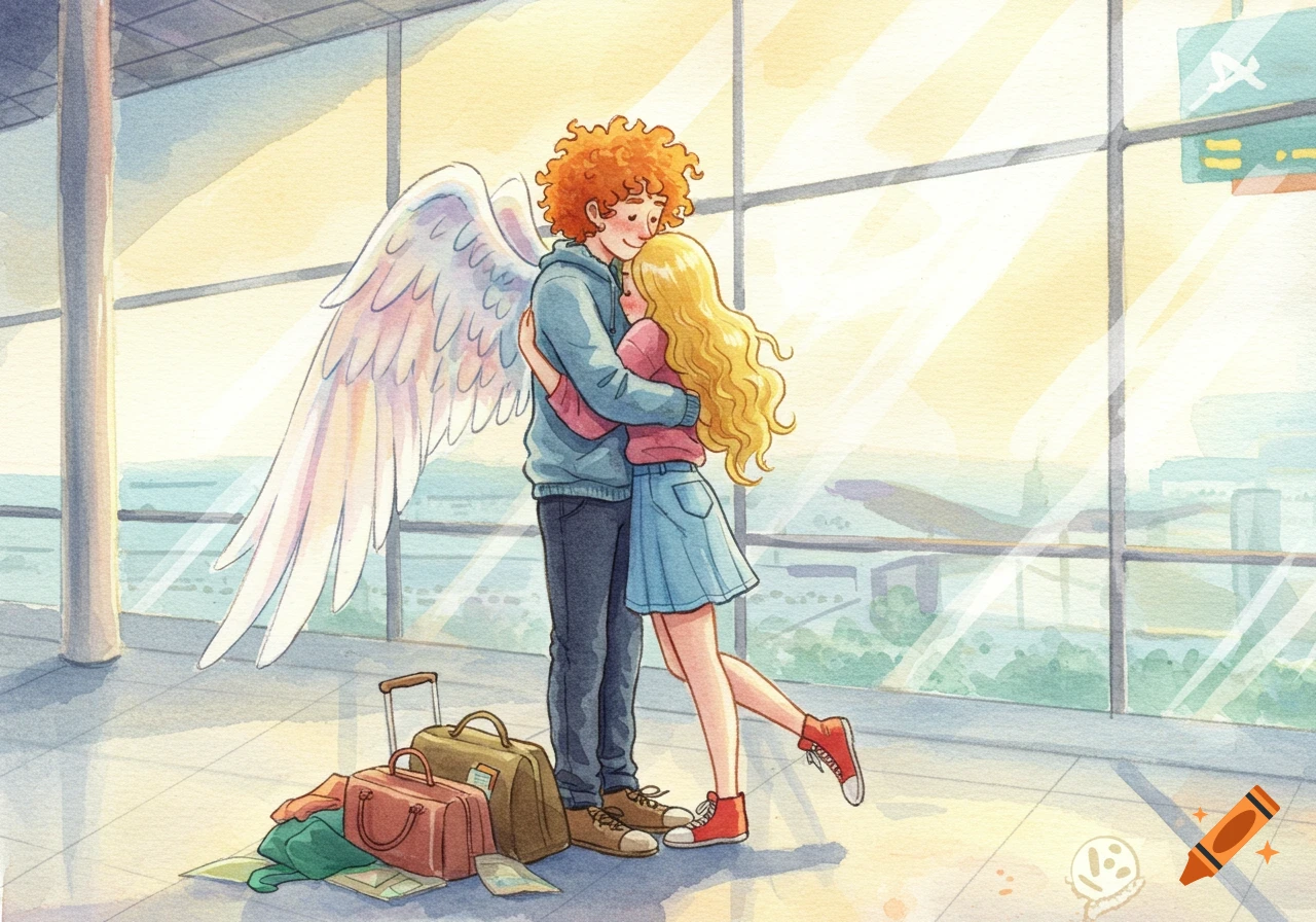 Watercolor illustration of a ginger-haired man with angel wings hugging a blonde woman in an airport next to luggage.