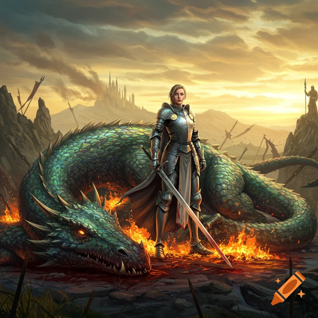 A female knight in shining armor stands over a defeated, smoldering green dragon on a battlefield with a castle in the distance, sunset sky.