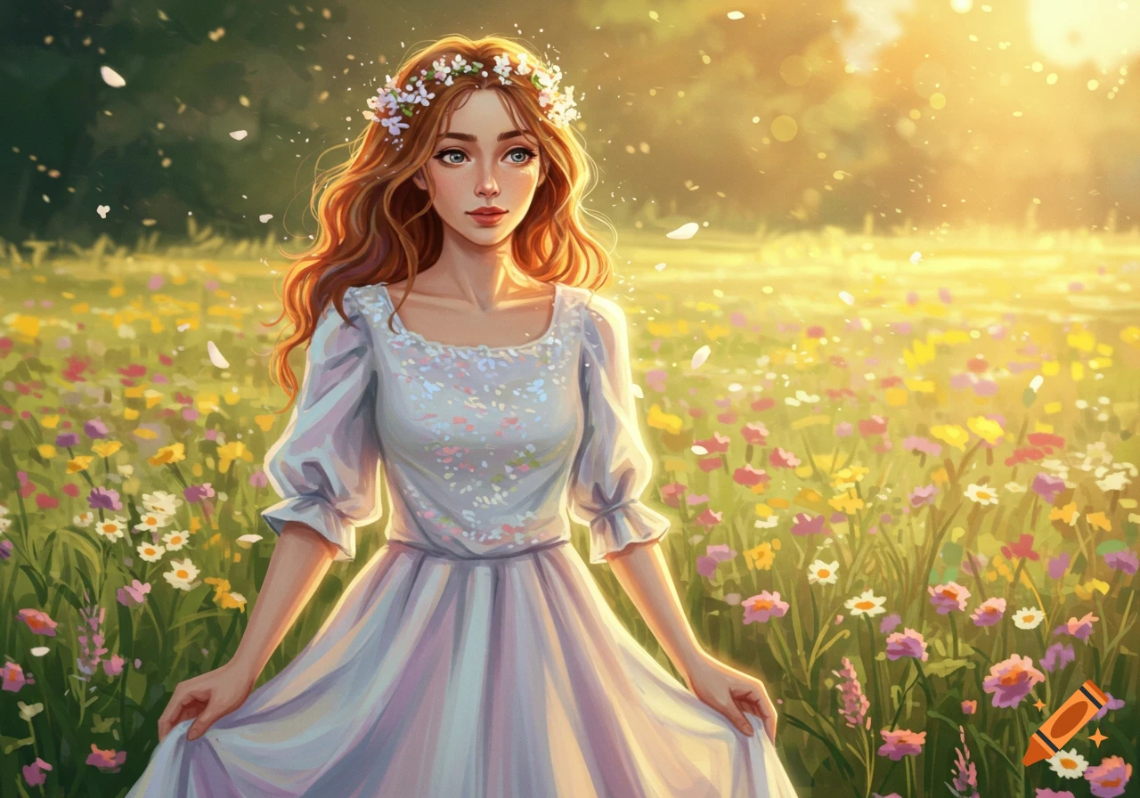 A young woman with long, flowing auburn hair and a flower crown stands in a sunlit meadow of colorful wildflowers, wearing a light-colored dress in an illustrative style.