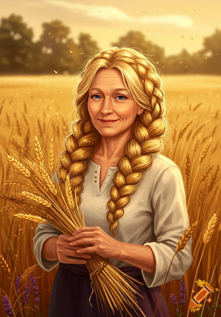 A smiling blond woman with wheat-braids holds a bundle of wheat in a golden field, illustrated.