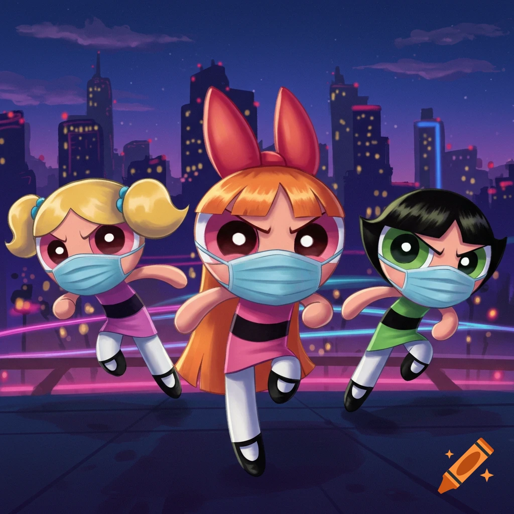 Blossom, Bubbles, and Buttercup, the Powerpuff Girls, wearing surgical masks, run through a neon-lit city at night.