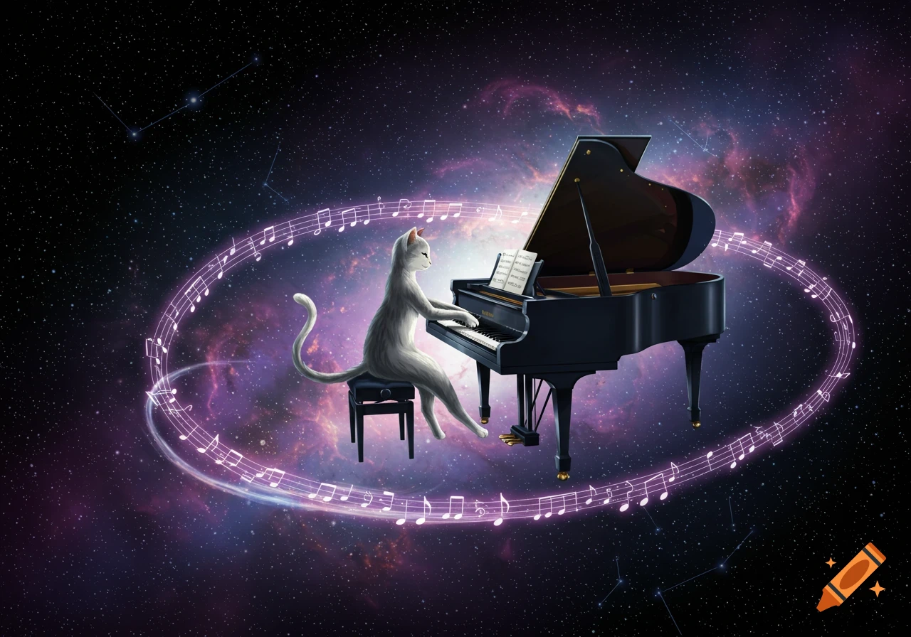 A gray cat plays a grand piano in the vast, star-filled expanse of space, surrounded by glowing musical notes.