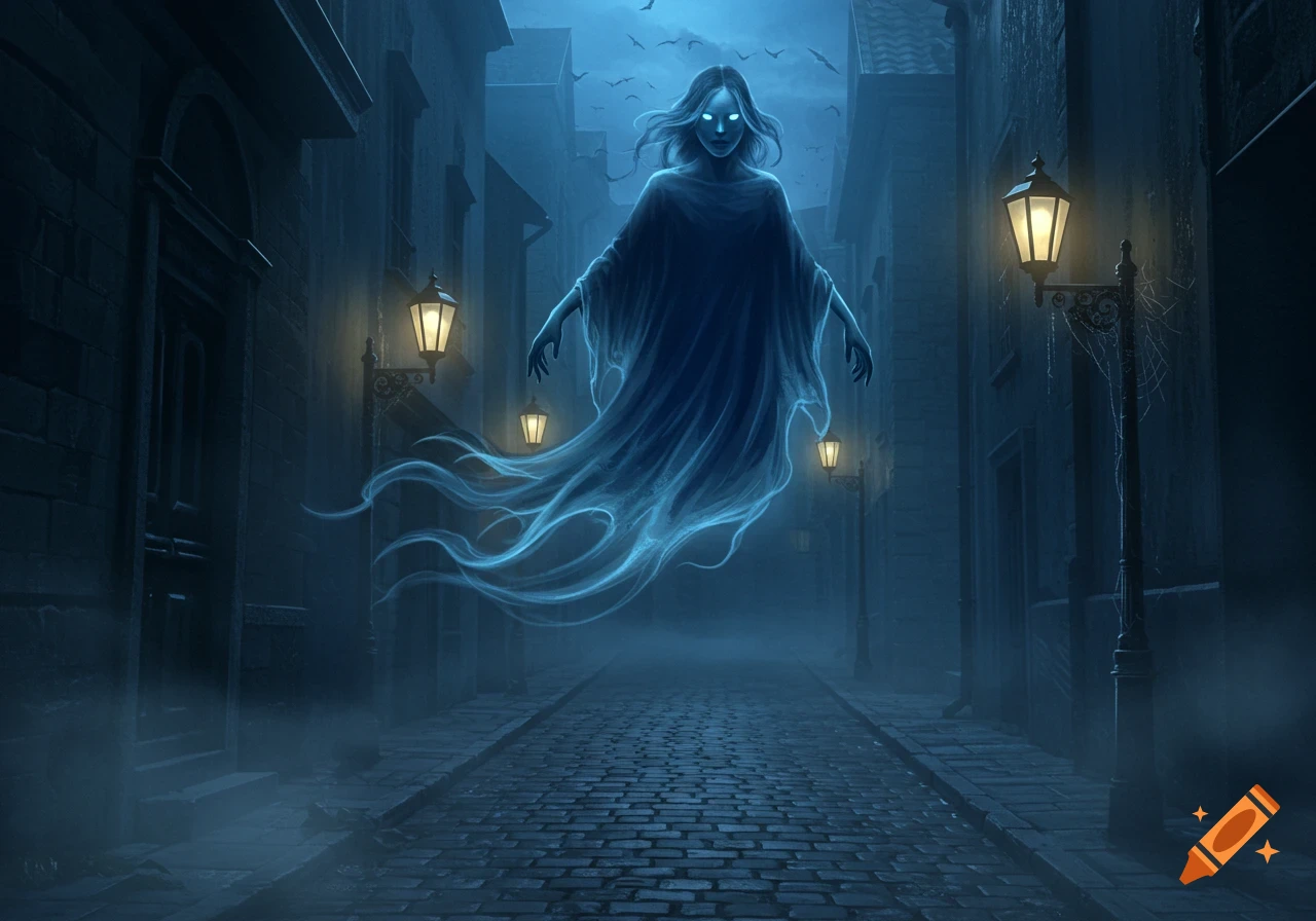 An ethereal blue ghost with glowing eyes floats down a dark, foggy cobblestone alley lined with gas lamps at night. Fantasy.
