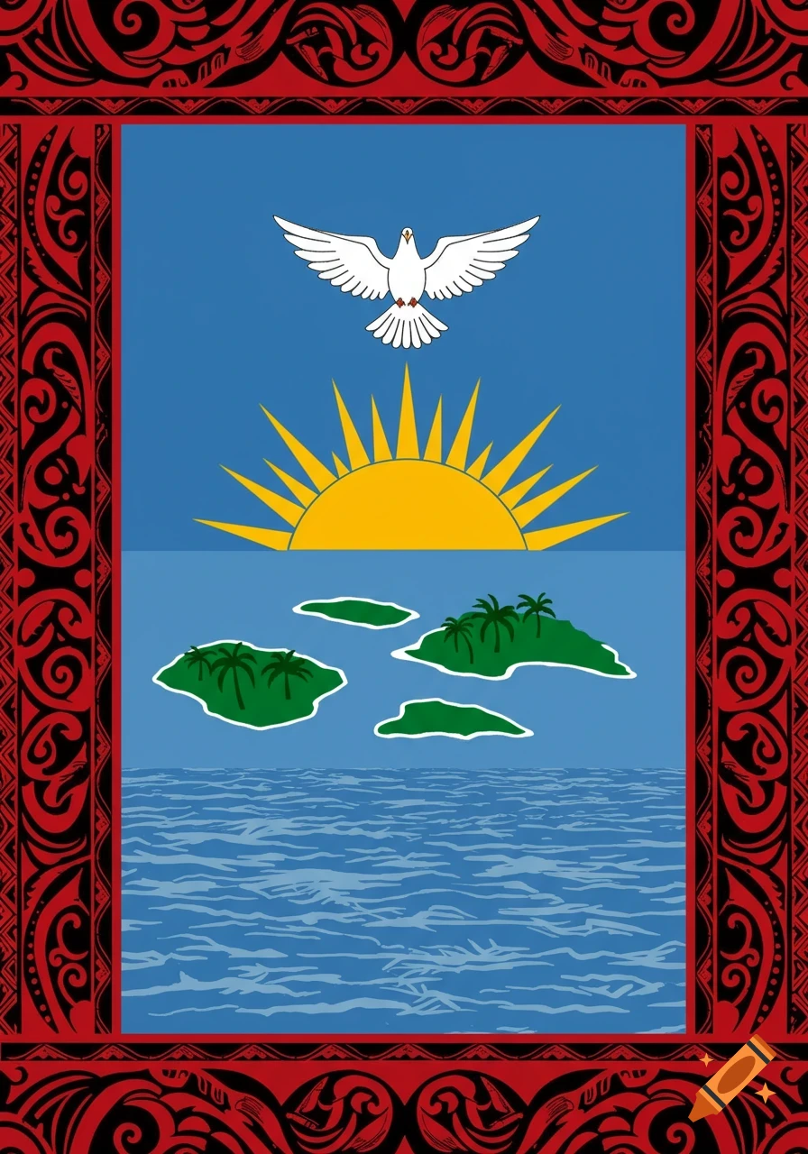 Flag design with white dove, golden sun, green islands on blue ocean, framed by red and black Polynesian patterns.