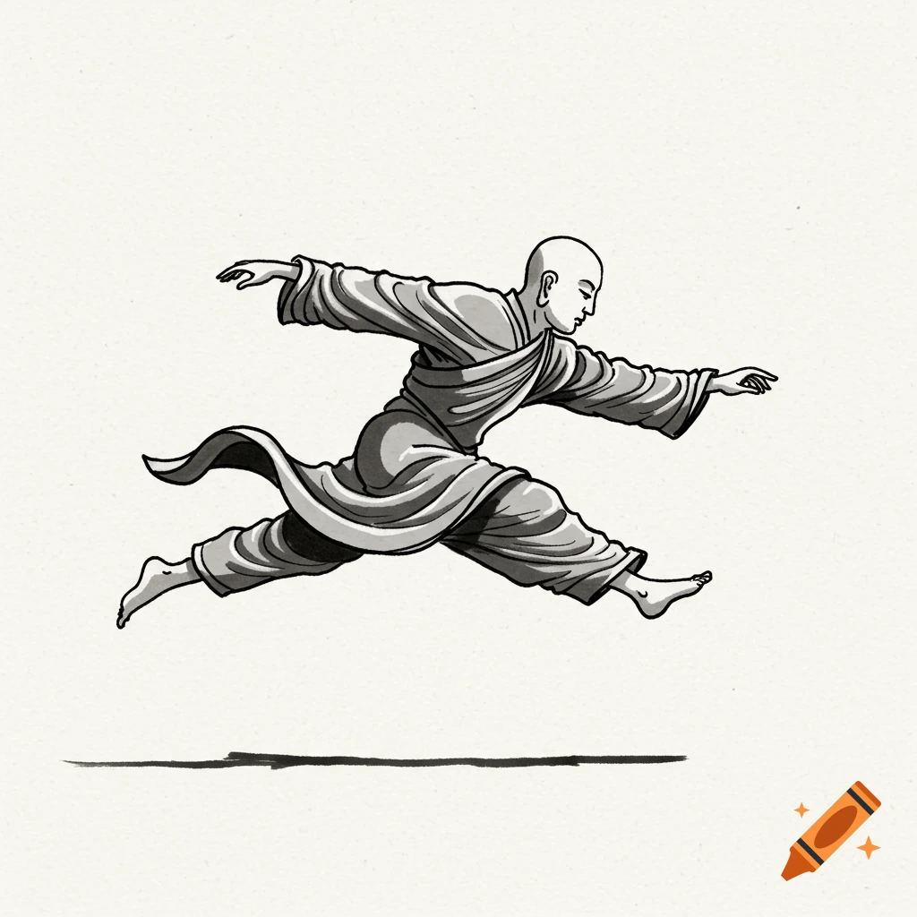 A bald monk in robes jumps in the air, depicted in a black and white ink drawing style.