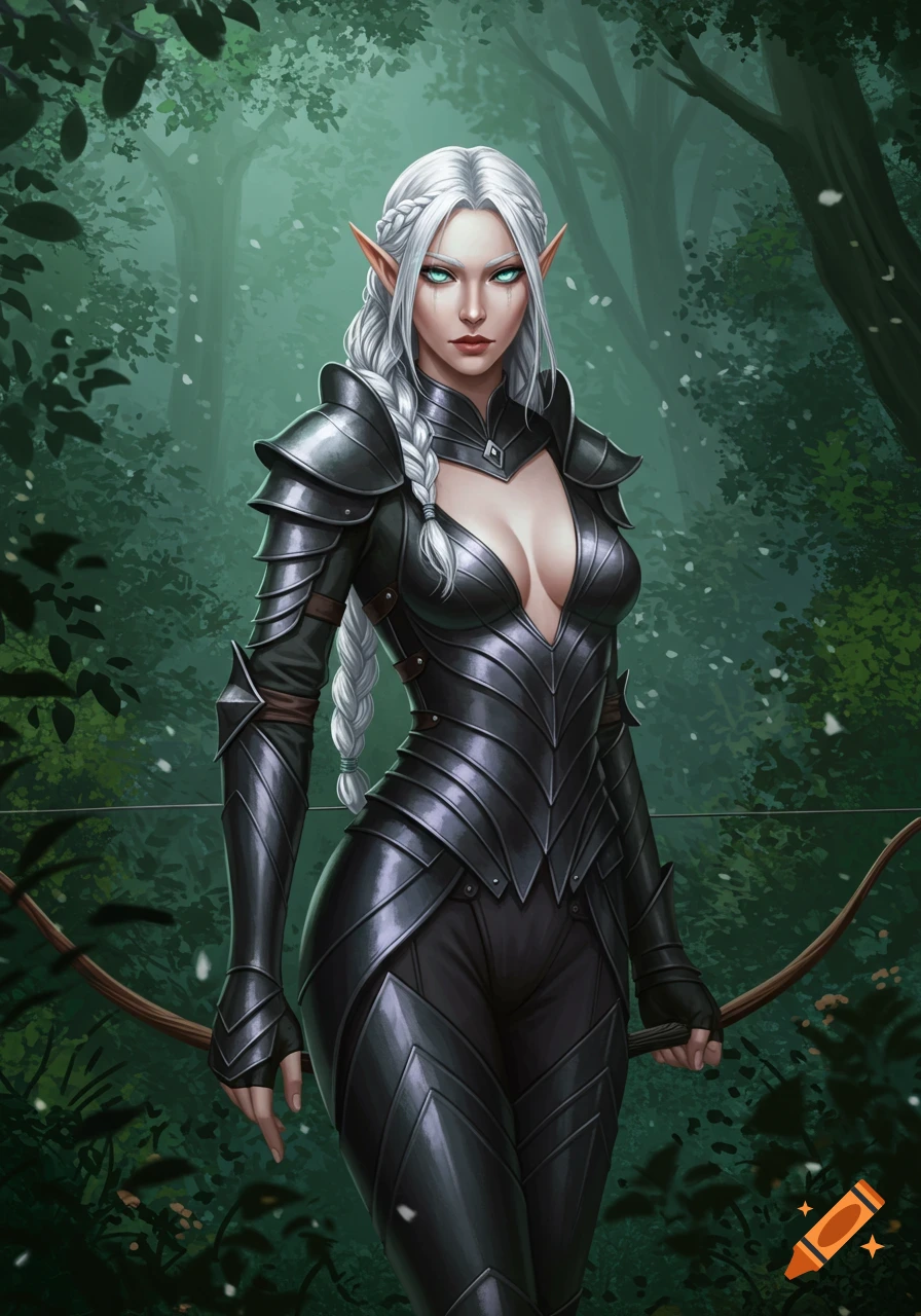 An elven ranger with white braided hair, glowing green eyes, and dark titanium armor holds a bow in a forest.
