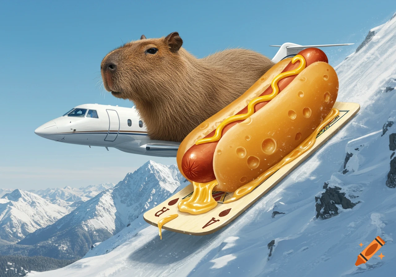 A giant capybara on a private jet, which is on a cheese hotdog sliding down a snowy mountain on a playing card.