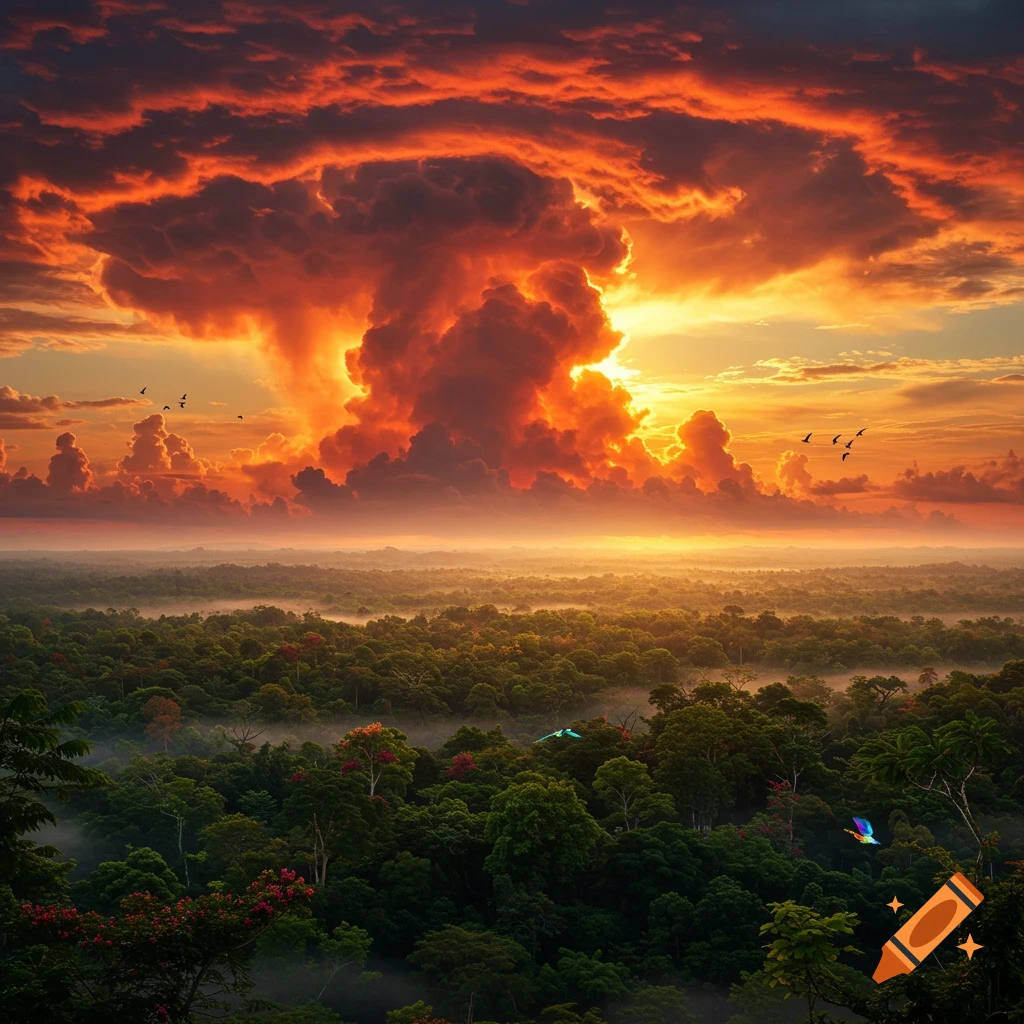 Lush rainforest under a dramatic, fiery sunset with large orange pyrocumulus clouds and distant birds.